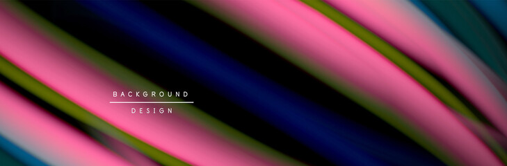 Сolorful flow poster. Wave liquid lines and shapes in black color background. Vector Illustration