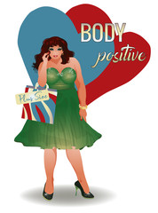 Body positive plus size brunette girl with shopping bags, vector illustration