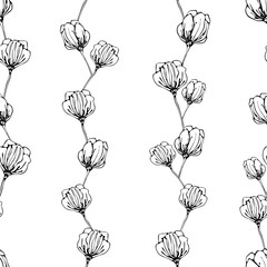 Line drawing flower on white background. Seamless spring pattern.