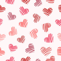 Colorful striped hearts on light pink background. Seamless cute pattern for Valentine day. Good for packaging design.