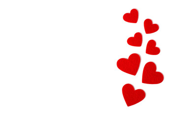 Valentine's Day background. Red hearts on white background. Valentines day concept. Flat lay, top view, copy space