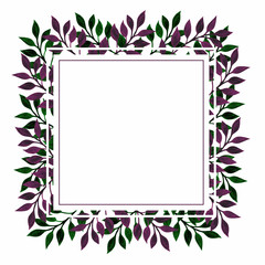 Square frame with watercolor purple green leaves. Hand drawn floral border. Copy space template for cute holiday design, elegant template, invitation, greeting card, poster