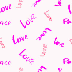 The pattern of the inscriptions "love" and "peace", which are written with a pink marker on a white background.