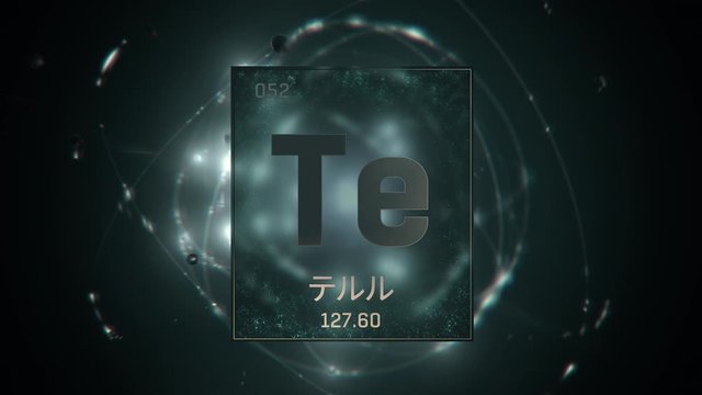 Tellurium as Element 52 of the Periodic Table. Seamlessly looping 3D animation on green illuminated atom design background orbiting electrons name, atomic weight element number in Japanese language