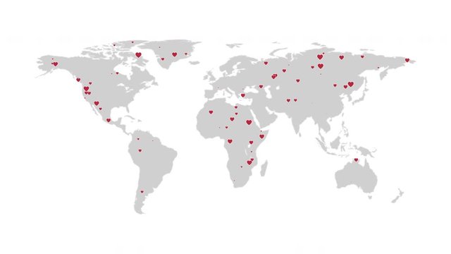 According to the world gray map appear red the heart. Love swept the world. Valentine's day in the world. Like in social networks. 4K.