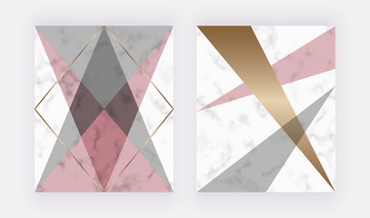 Pink, grey and gold triangular shapes. Geometric cover design on the marble texture. Modern backgrounds for menu, banner, card, flyer, invitation, product package, brochure.
