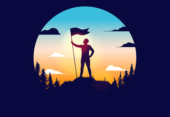 Raised flag on hill - proud man reached his goal, holding a flag on a hilltop. Successful, winner, proudness and achievement concept. Circular vector illustration. - obrazy, fototapety, plakaty