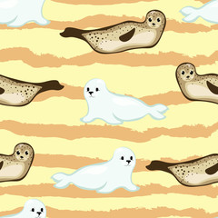 Vector animals cartoon seals seamless pattern on yellow background with waves. Concept for print, textile, cards, wallpaper, wrapping paper