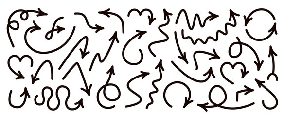 Set of black curved doodle arrows isolated on white background.