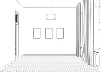 empty room, contour visualization, 3D illustration, sketch, outline