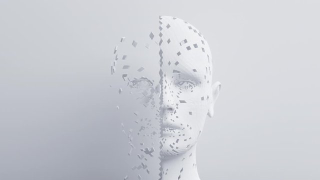 Abstract 3d animation, polygonal human face, 3d render, artificial intelligence concept, 4k video