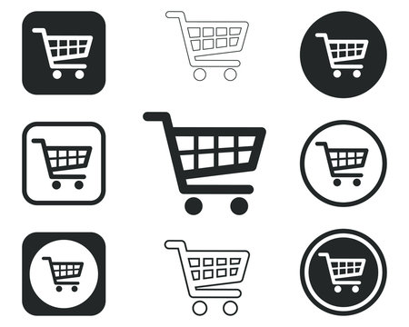 Web store shopping cart icon shape button set. Internet shop buy logo symbol sign pack. Vector illustration image collection. Isolated on white background.