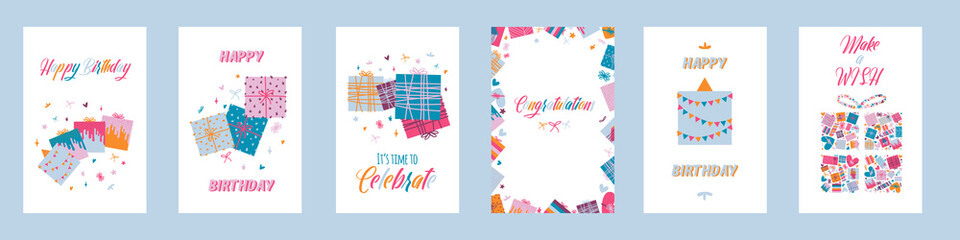 Set of cute Happy Birthday party cards with cute colorful gift or present boxes. Congratulation, greeting cards design. Isolated on white background. Flat. Vector hand drawn illustration.
