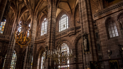 Fototapeta na wymiar Inner nave of the medieval Cathedral of St. Lorenz, or Lawrence, Nuremberg