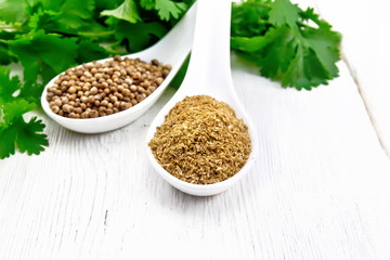 Coriander ground and seeds in spoons on light board top
