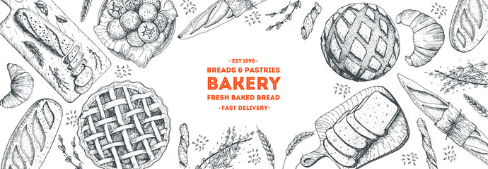 Bakery background. Bakery top view frame. Hand drawn sketch with bread, pastry, sweet. Bakery set vector illustration. Background design template . Engraved food image. Black and white package design.