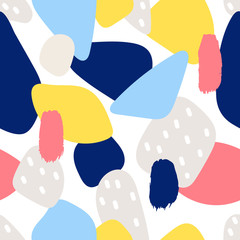 Vector seamless pattern with brush strokes, color splashes on white.