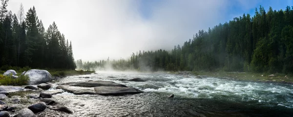 Sibirischer Saumfluss Balyiktyig in den Sayan-Bergen am frühen nebligen Morgen. © Anna