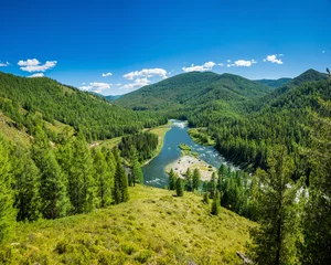 Foto op Aluminium Summer siberian mountain landscape. Balyiktyig hem river and Sayan mountains covered by taiga forest in sunny day. © Anna