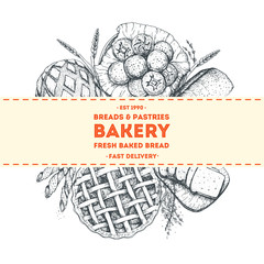 Bakery label with bread, buns, toast, croissant, French toast. Background template for design. Engraved food image.