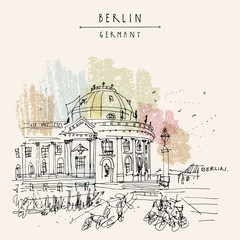 Berlin, Germany, Europe. Museum Island, river Spree, Bode Museum. Freehand drawing. Travel sketch. Vintage touristic postcard, poster, book illustration © babayuka