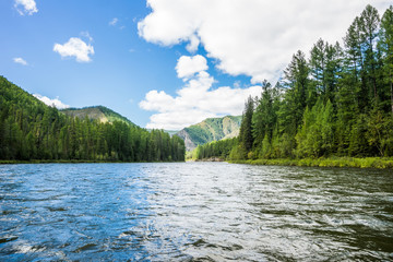 Siberian mountain river in summer cloudy day.