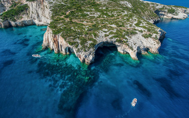 Aerial view of Blue Caves in Zakynthos
