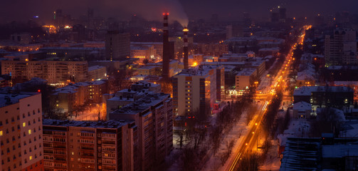 panorama of morning Yekaterinburg in winter, Russia Ural, 08.01.2020