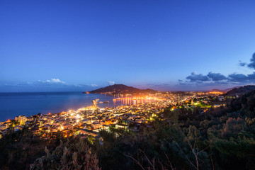 Town view of Zakynthos at night from Bohali