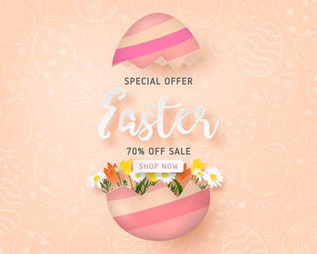 Happy Easter sale banner template with Easter egg and flower on background in paper cut style. Vector illustration. Poster, banner, flyer, backdrop, brochure.