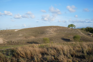 The hilly meadows on the island of Sumba in summer look dry brown in the hot sun 