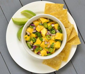 Homemade Mango Salsa with Corn Chips, top view