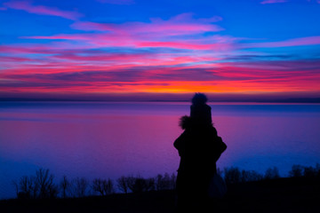 Sunset in Balaton at Balatonakarattya in winter time