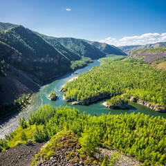 Obraz na płótnie Canvas Top view of the siberian mountain rivers Balyiktyig hem and Kyzil hem confluence, Yenisei river source.