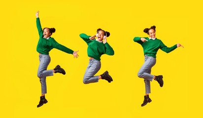 Collage of playful black teen jumping over studio background