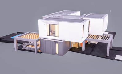 3d rendering of modern cozy house in the garden with garage and pool for sale or rent in evening with cozy light from window. Isolated on gray