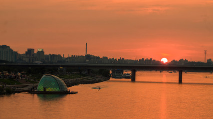 Sunset Seoul city at Han river Yeouido in Seoul, South Korea.