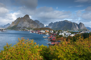 Reine city Norway Lofoten in autumn sunny day by the sea