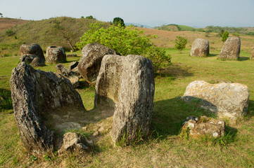 Ancient stone jars in a Plain of Jars (Site #1) near Phonsavan, Xienghouang province, Laos.