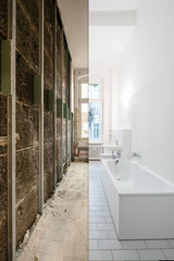 bathroom before and after renovation - home refurbishment concept -