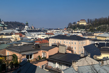 Fototapeta na wymiar Salzburg Austria top view on the green domes of the Salzburg Cathedral