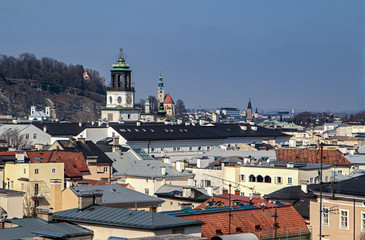 Salzburg Austria top view on the roofs of apartment buildings on a background of mountains 2