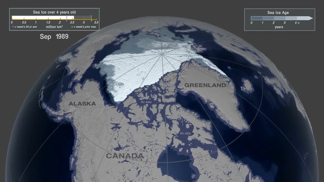 Animation of the sea ice maximum extent thicker ice has changed between 1984 and 2019. Sept 2019 Arctic Sea ice reach minimum. Elements of this images furnished by NASA/Goddard Space Flight Center 