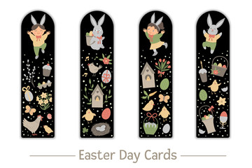 Vector Easter set of bookmarks for children. Cute bunny and happy children on black background. holiday themed vertical layout card templates. Stationery for kids..
