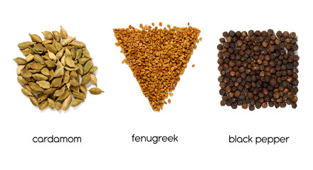 Traditional spices cardamom, fenugreek, black pepper on a white background top view. Creative minimalism.