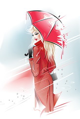 Lady in red. Blonde girl under an red umbrella in the rain. Vector illustration.