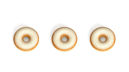Fresh doughnuts set isolated on white background, top view composition. Fresh baked donuts, sugar powder, classic bakery doughnut with hole, flat lay background. Glazed donut on white, dessert concept