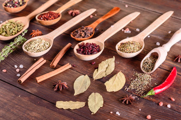 A set of spices and herbs. Indian cuisine. Pepper, salt, paprika, basil and other on a dark background