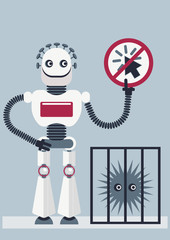 Illustration of how antivirus protect your devices. A robot is holding a plaque "do not click", he is warning you that this is a dangerous program