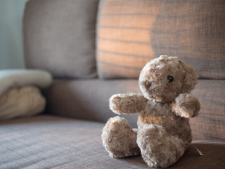 Alone Teddy bear toy sit on the couch under the warmth of sunlight atmosphere .Space for text.